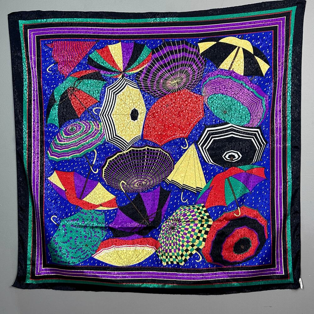 Vintage Scarf Graphic print Umbrellas satin colorful bold art to wear abstract